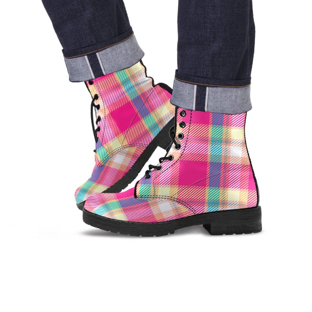 Pink Plaid Tartan Print Men's Boots-grizzshop