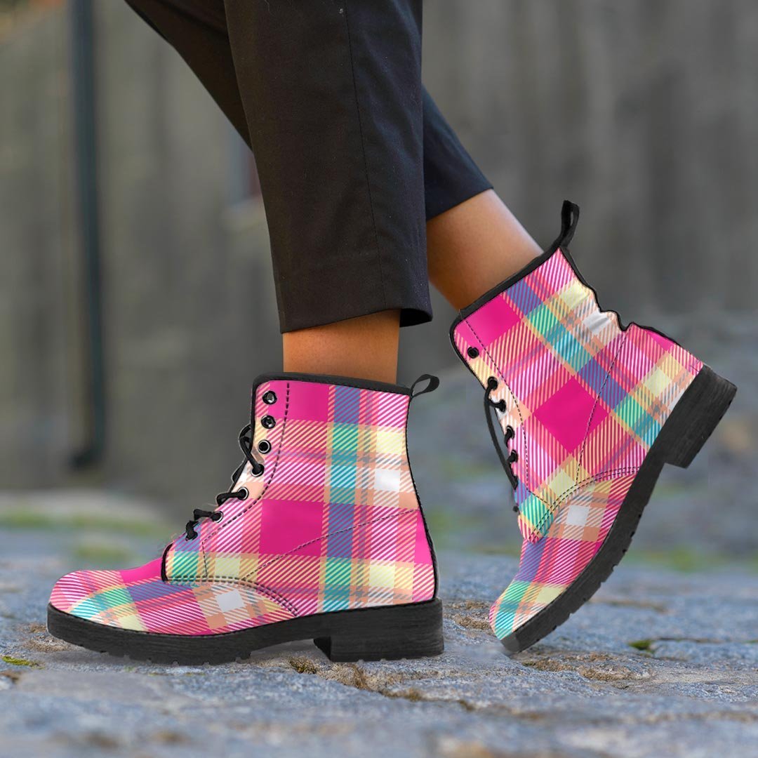 Pink Plaid Tartan Print Men's Boots-grizzshop