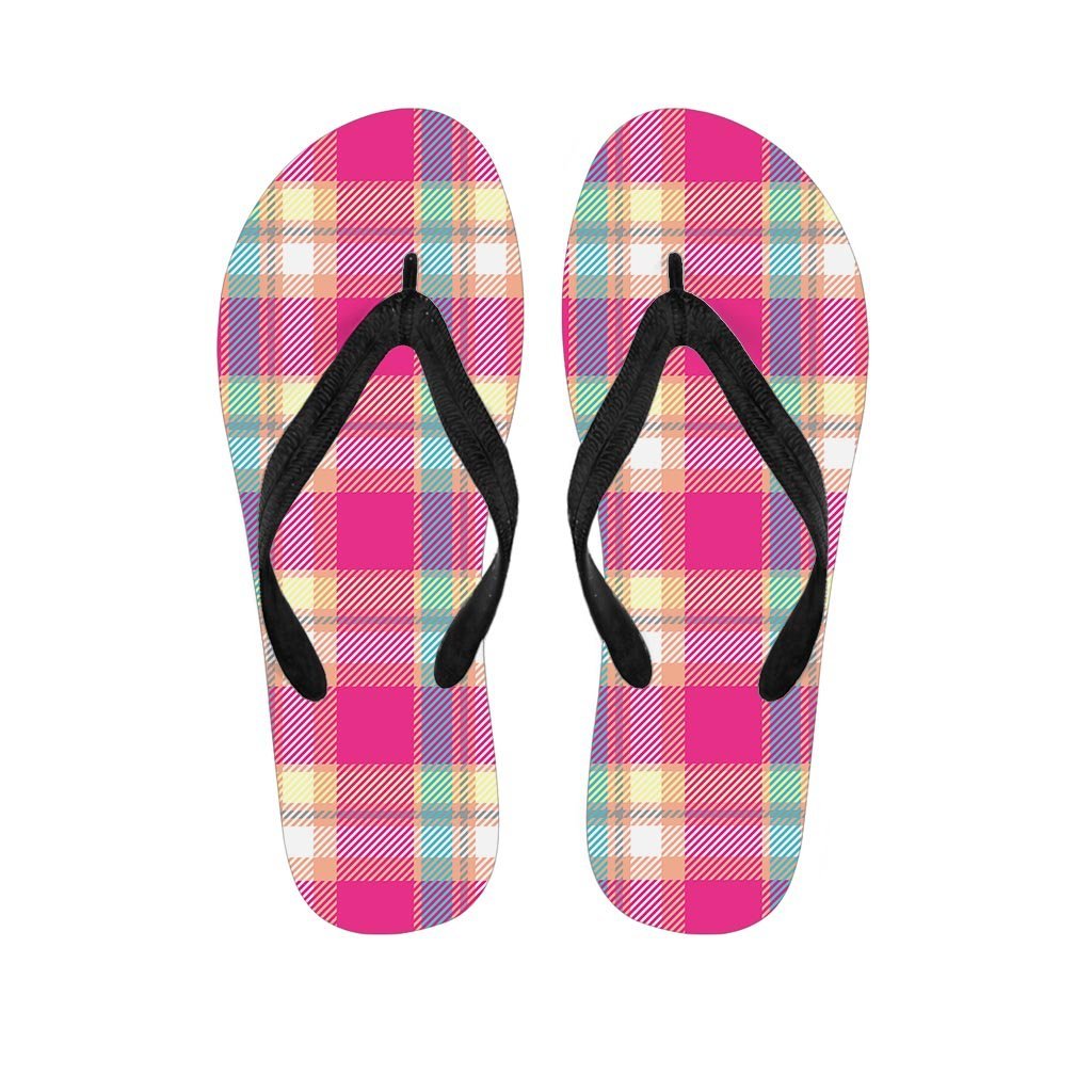 Pink Plaid Tartan Print Men's Flip Flops-grizzshop