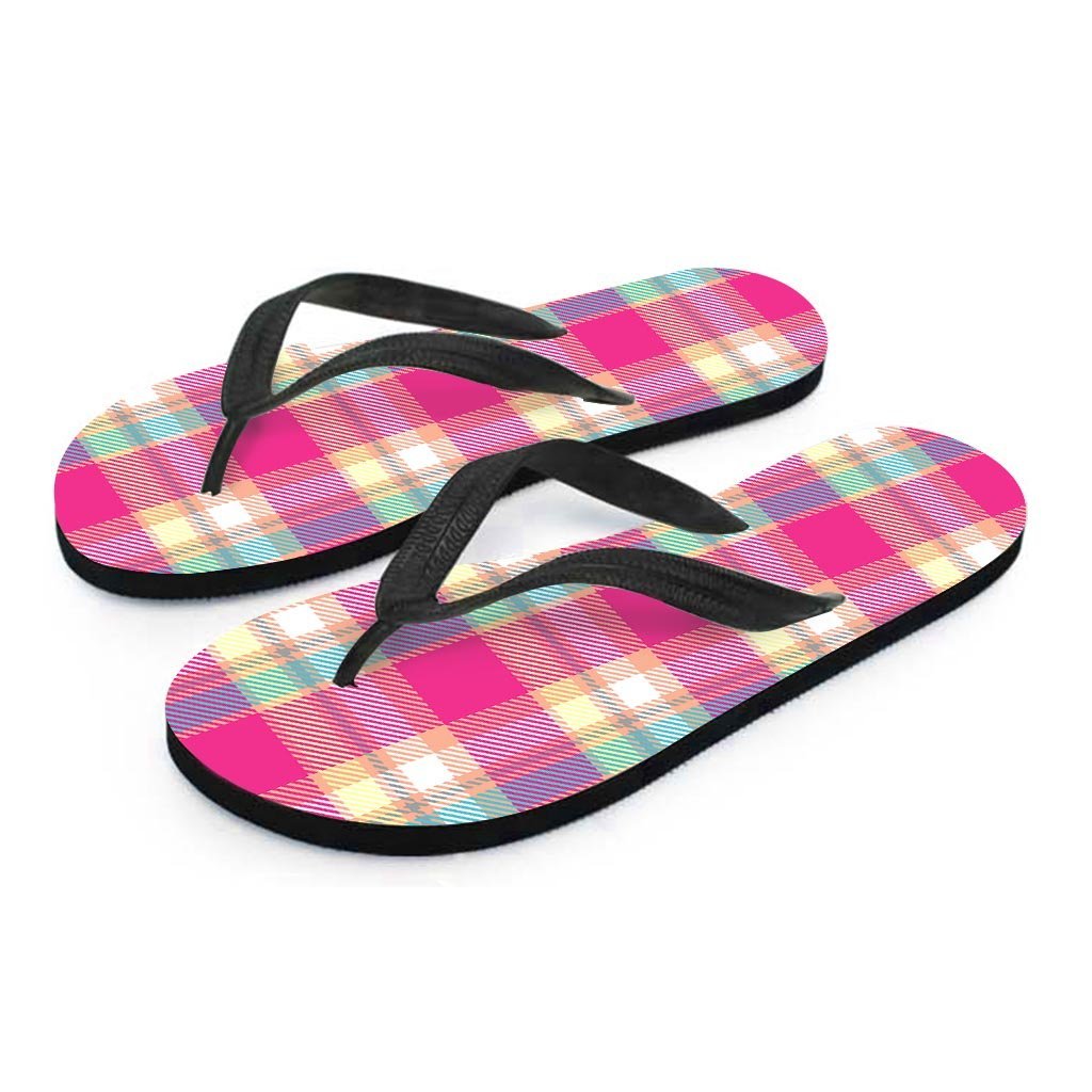 Pink Plaid Tartan Print Men's Flip Flops-grizzshop