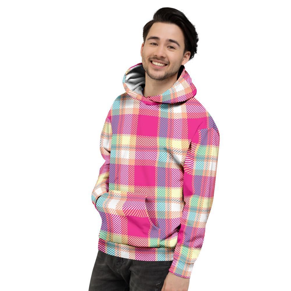 Pink Plaid Tartan Print Men's Hoodie-grizzshop