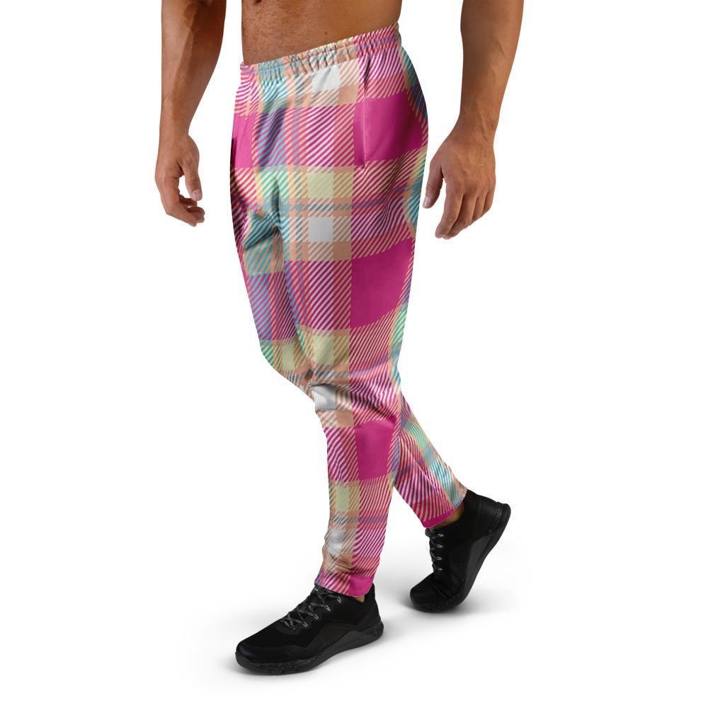 Pink Plaid Tartan Print Men's Joggers-grizzshop