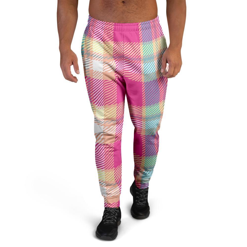 Pink Plaid Tartan Print Men's Joggers-grizzshop
