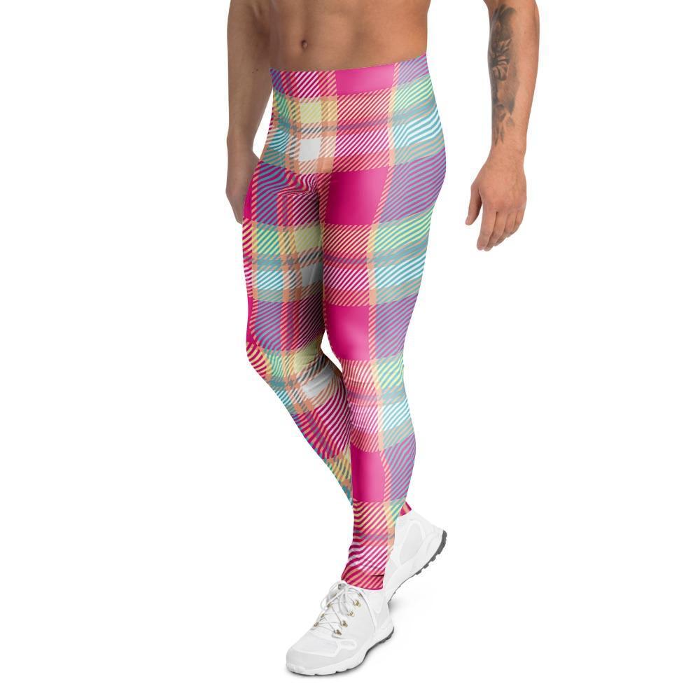 Pink Plaid Tartan Print Men's Leggings-grizzshop