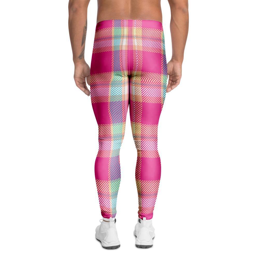 Pink Plaid Tartan Print Men's Leggings-grizzshop