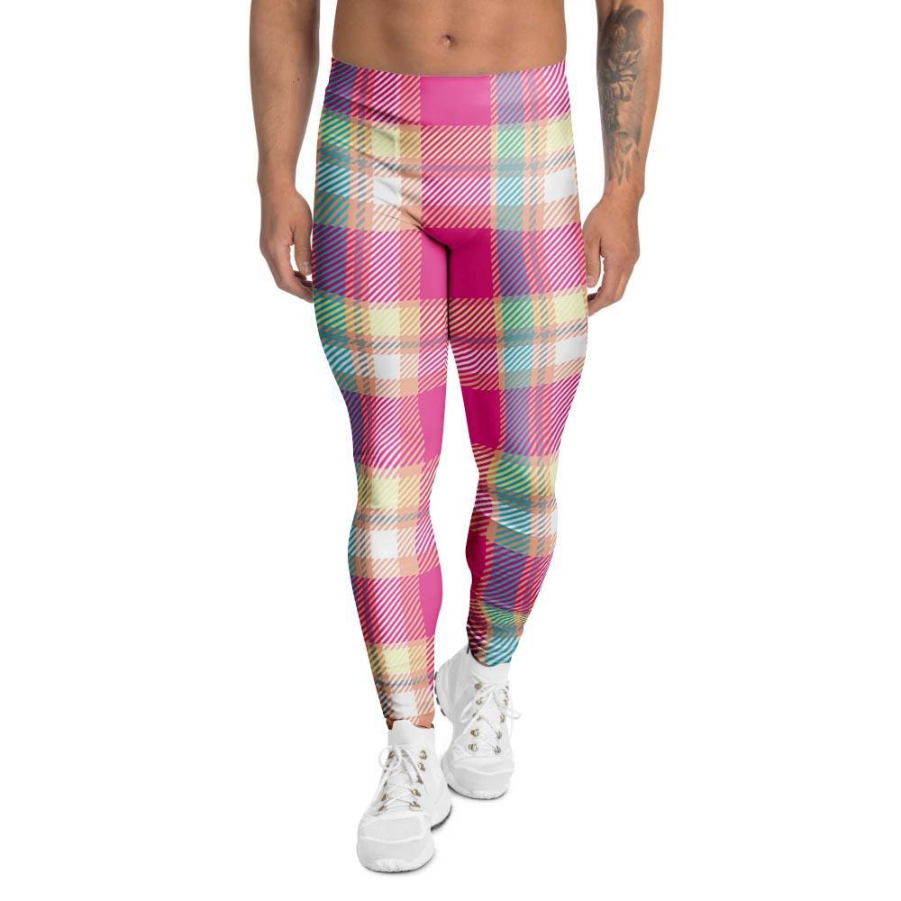 Pink Plaid Tartan Print Men's Leggings-grizzshop