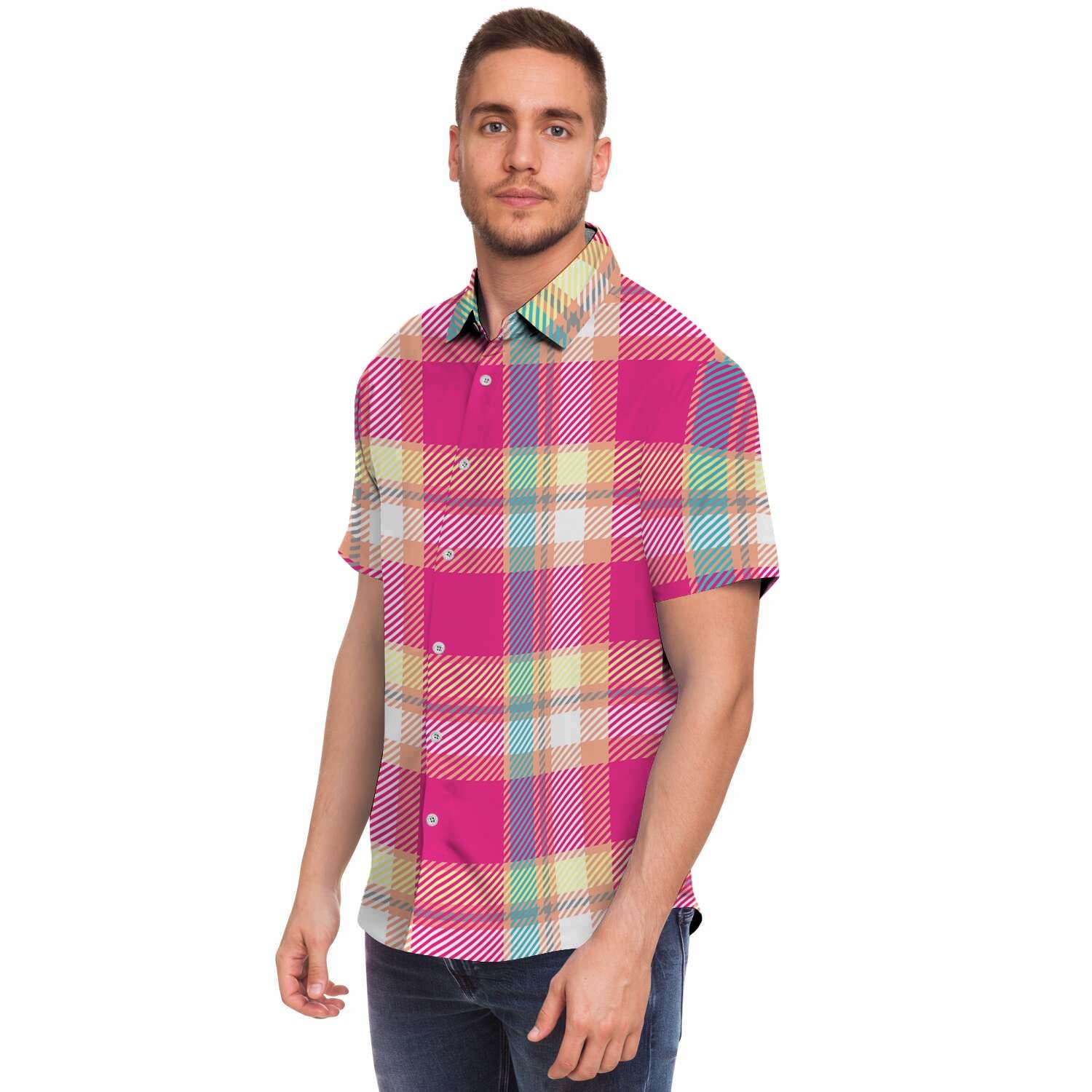 Pink Plaid Tartan Print Men's Short Sleeve Shirt-grizzshop