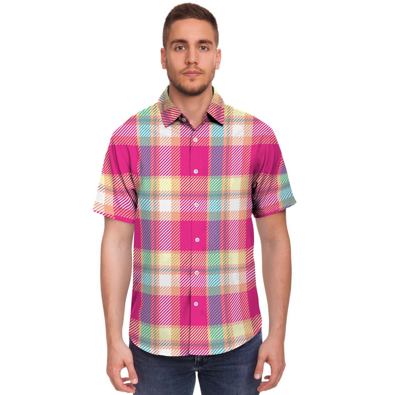 Pink Plaid Tartan Print Men's Short Sleeve Shirt-grizzshop