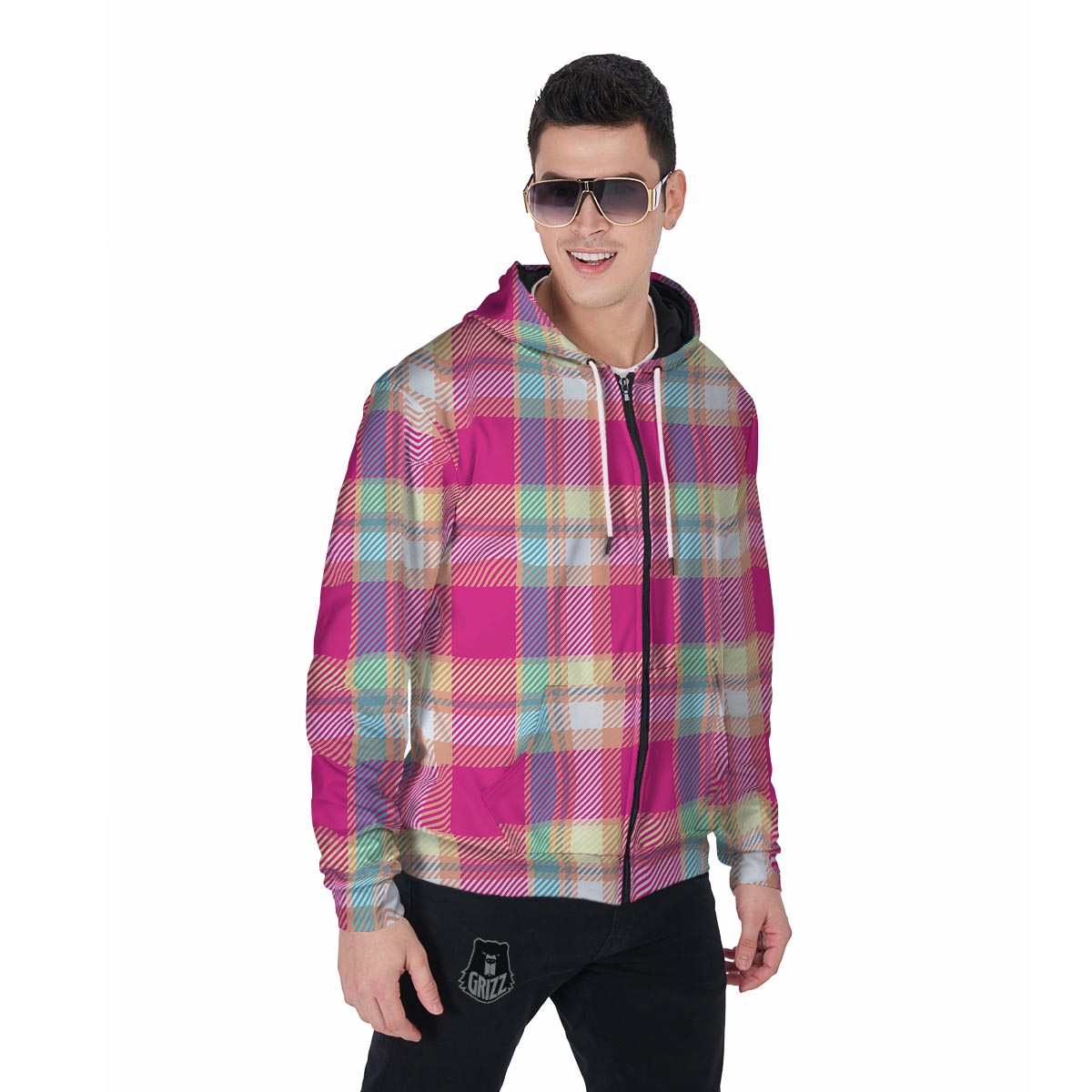 Pink Plaid Tartan Print Men's Zip Up Hoodie-grizzshop