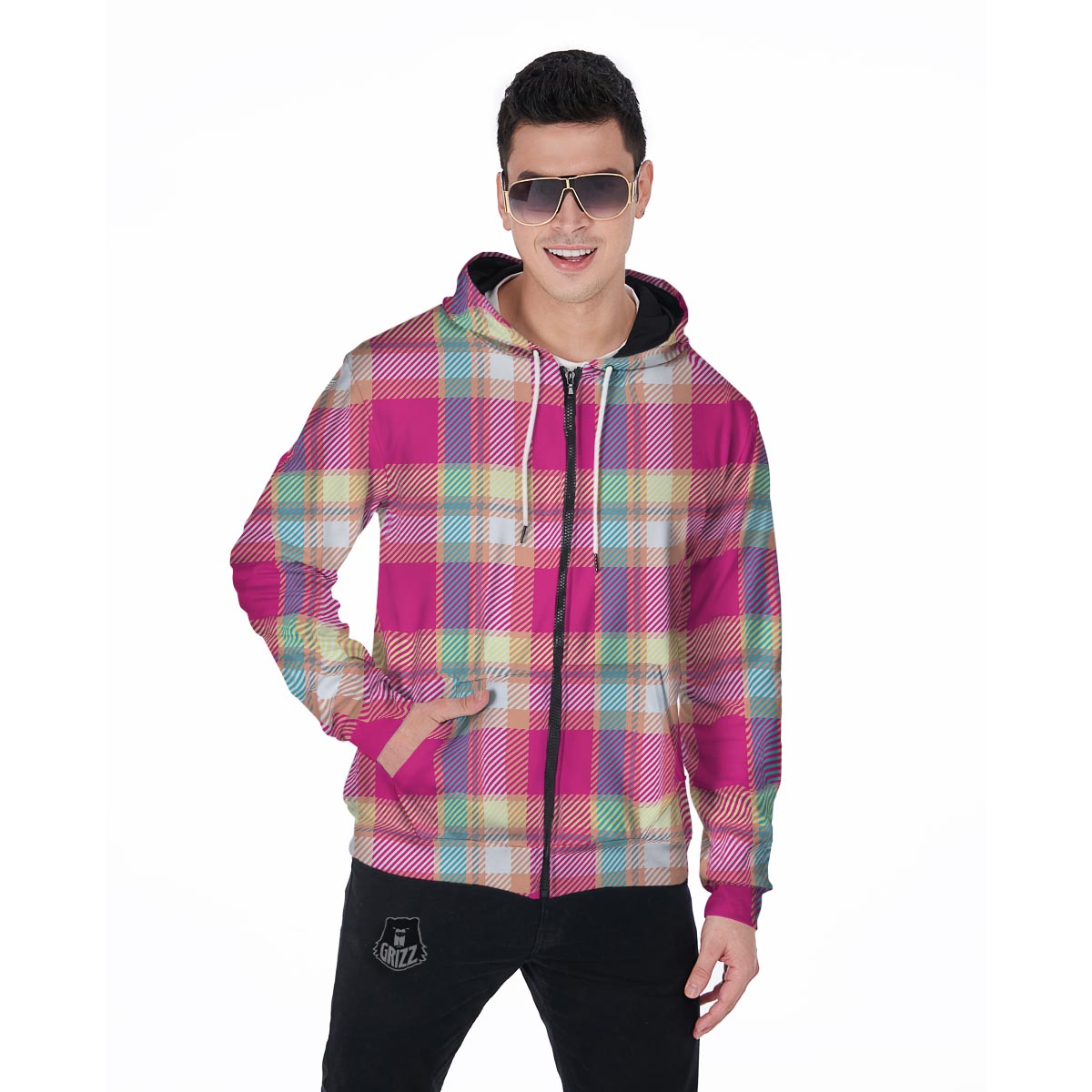 Pink Plaid Tartan Print Men's Zip Up Hoodie-grizzshop