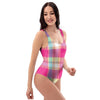 Pink Plaid Tartan Print One Piece Swimsuite-grizzshop