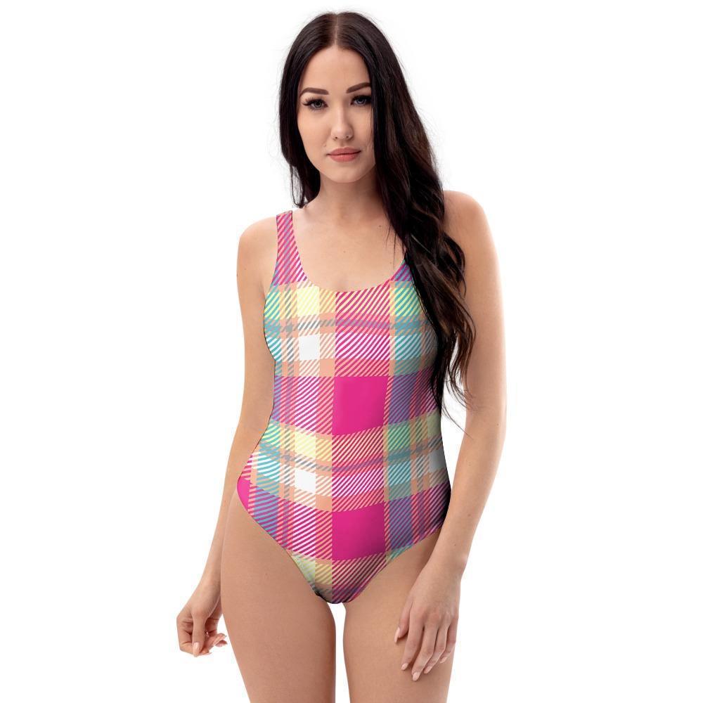 Pink Plaid Tartan Print One Piece Swimsuite-grizzshop