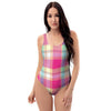 Pink Plaid Tartan Print One Piece Swimsuite-grizzshop