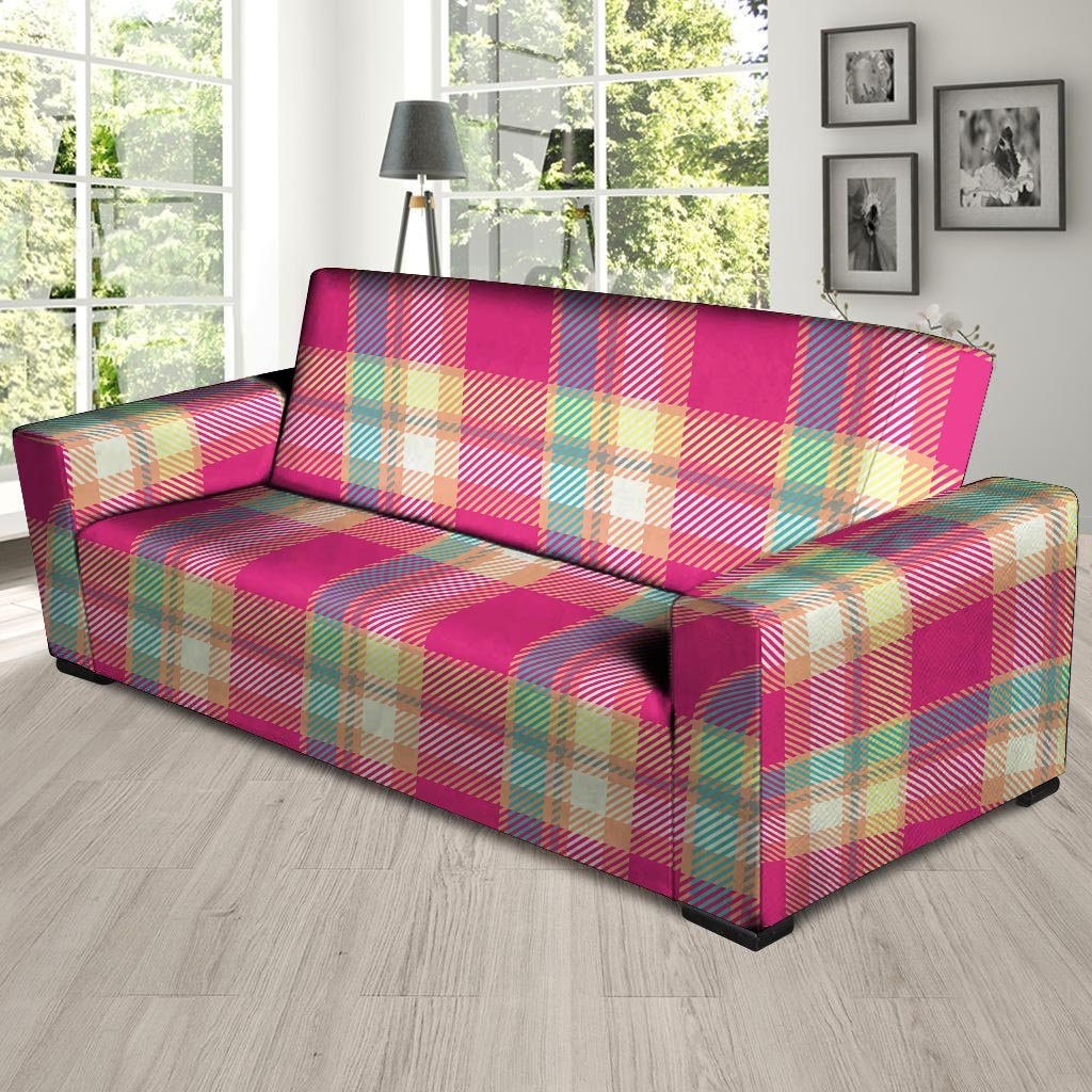 Pink Plaid Tartan Print Sofa Cover-grizzshop