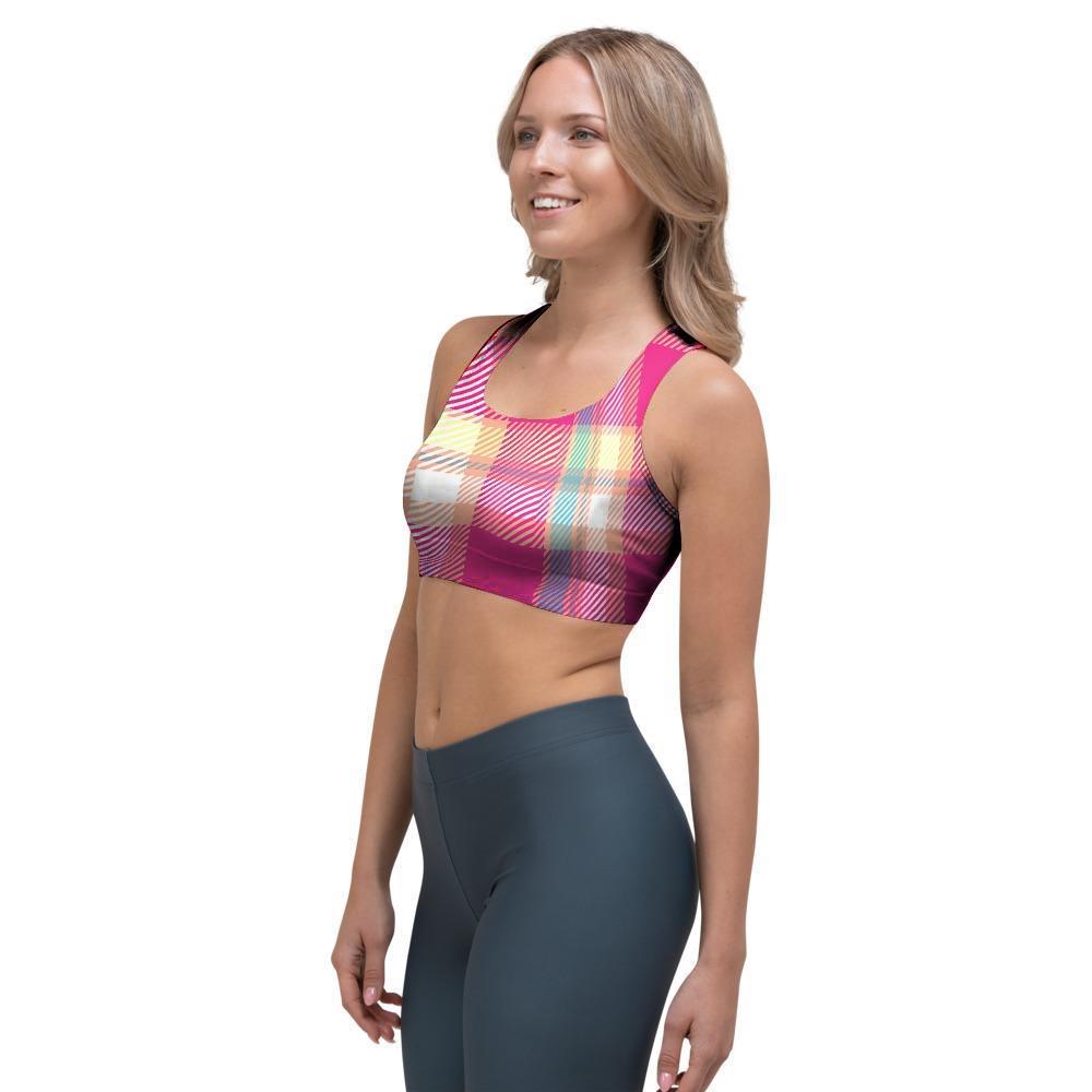 Pink Plaid Tartan Print Sports Bra-grizzshop