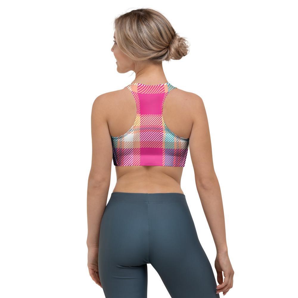 Pink Plaid Tartan Print Sports Bra-grizzshop