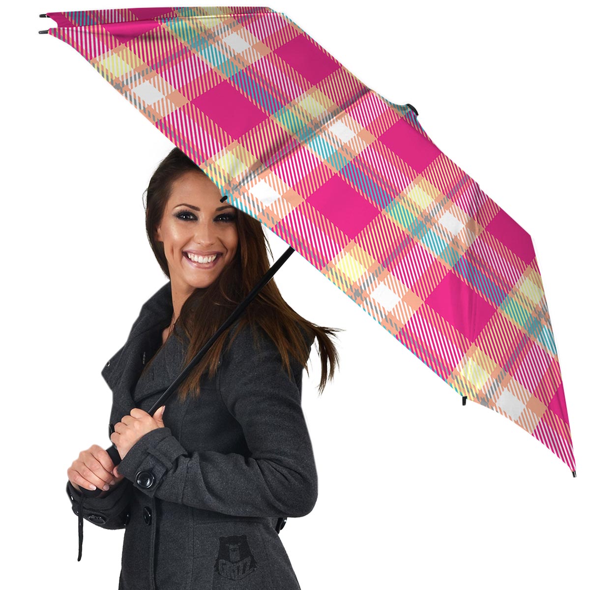 Pink Plaid Tartan Print Umbrella-grizzshop