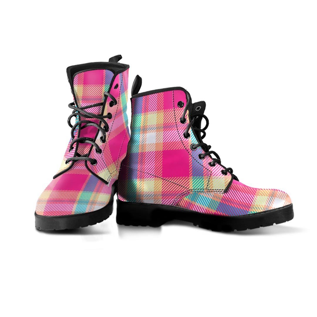 Pink Plaid Tartan Print Women's Boots-grizzshop