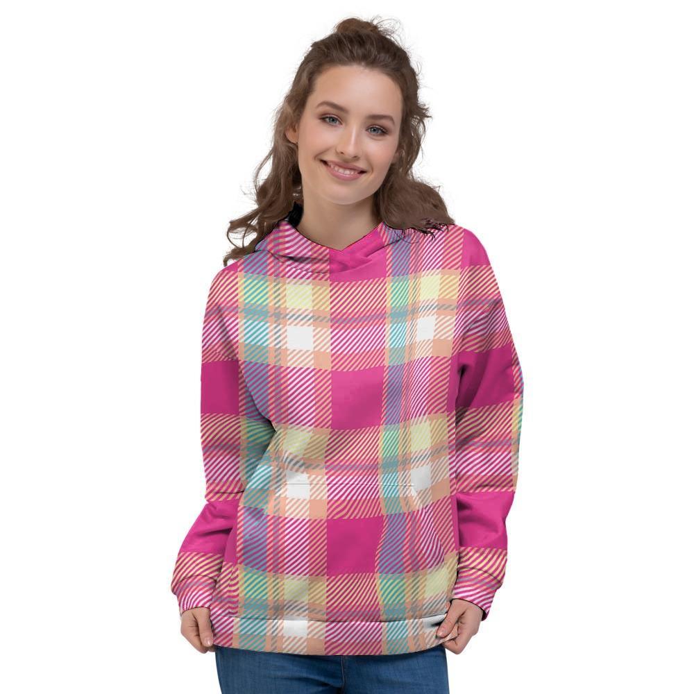 Pink Plaid Tartan Print Women's Hoodie-grizzshop