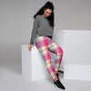 Pink Plaid Tartan Print Women's Joggers-grizzshop