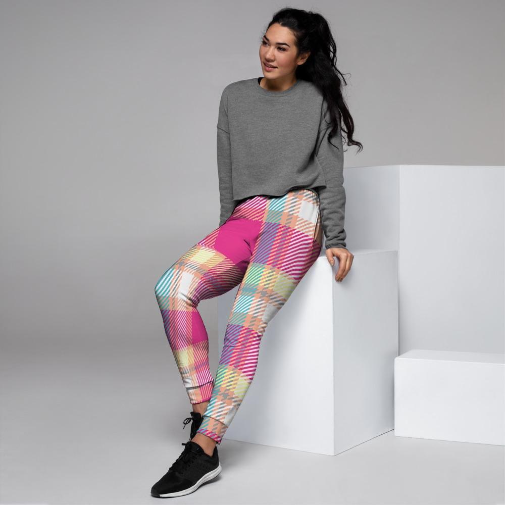 Pink Plaid Tartan Print Women's Joggers-grizzshop