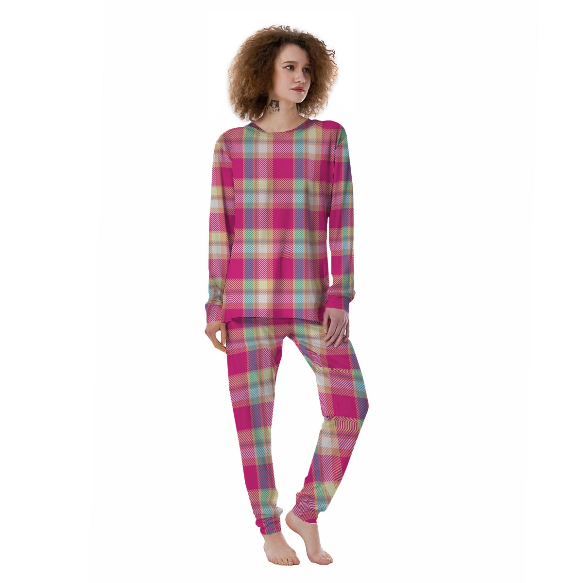 Pink Plaid Tartan Print Women's Pajamas-grizzshop