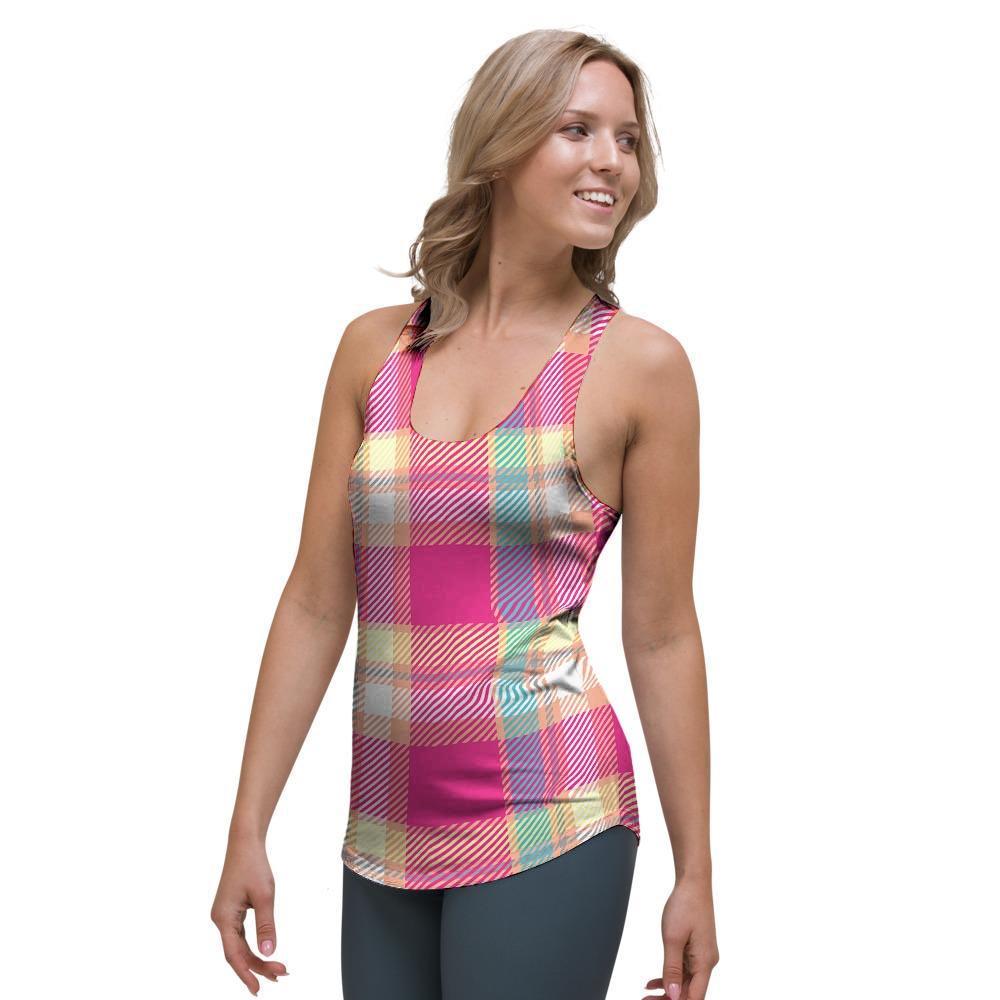 Pink Plaid Tartan Print Women's Racerback Tank Top-grizzshop