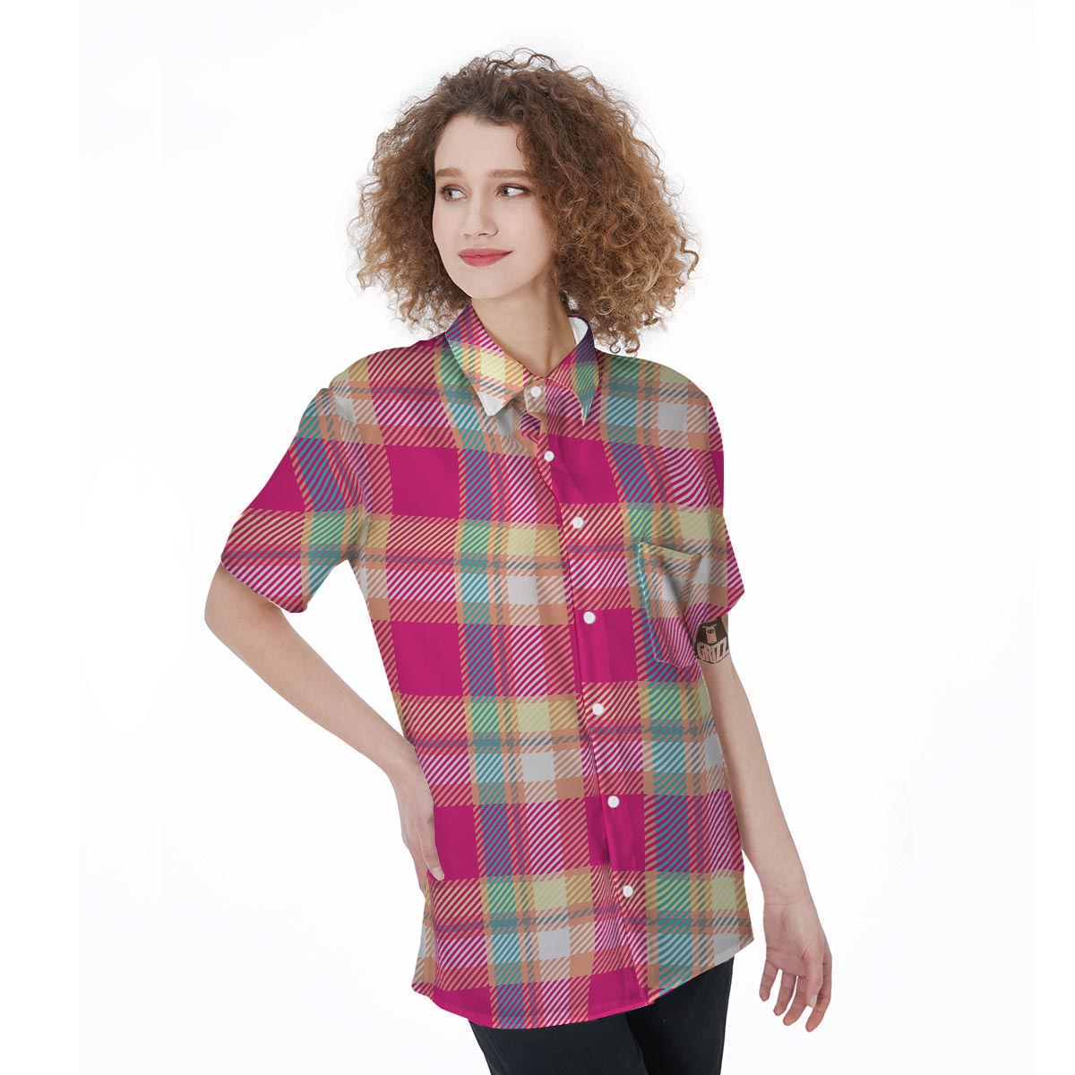 Pink Plaid Tartan Print Women's Short Sleeve Shirts-grizzshop