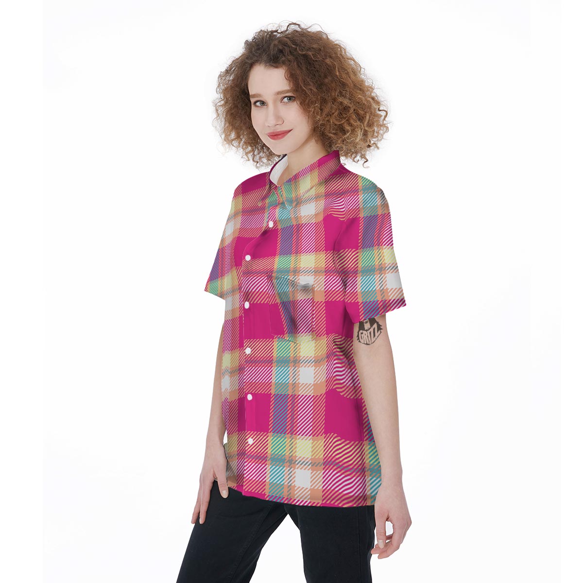 Pink Plaid Tartan Print Women's Short Sleeve Shirts-grizzshop