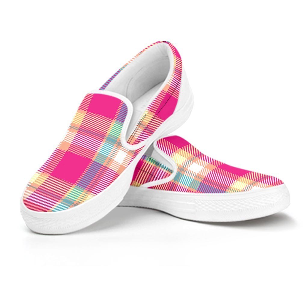 Pink Plaid Tartan Print Women's Slip On Sneakers-grizzshop