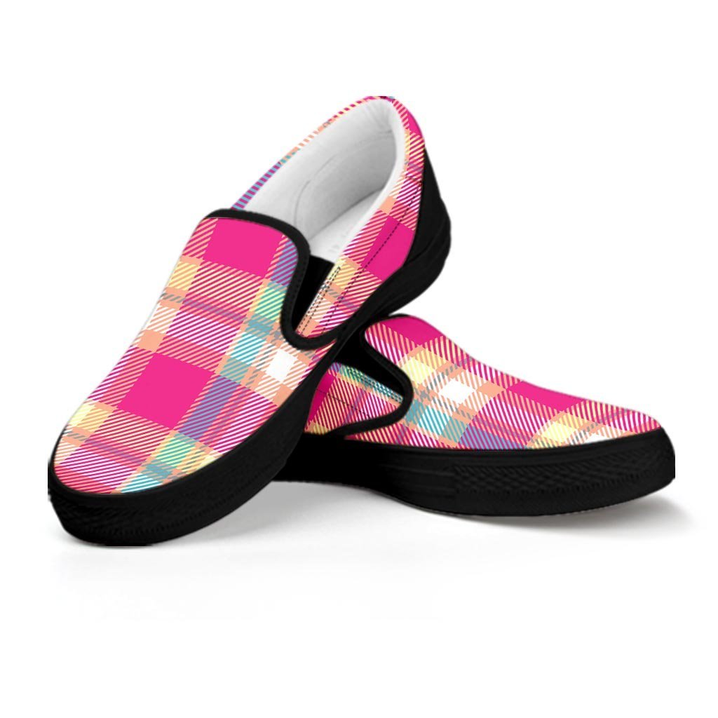 Pink Plaid Tartan Print Women's Slip On Sneakers-grizzshop