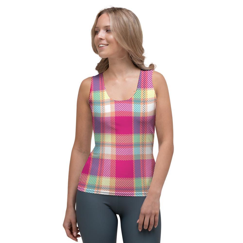Pink Plaid Tartan Print Women's Tank Top-grizzshop