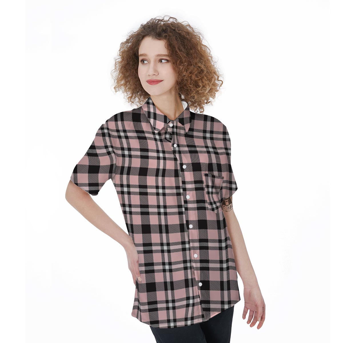 Pink Plaid Tartan Women's Short Sleeve Shirts-grizzshop
