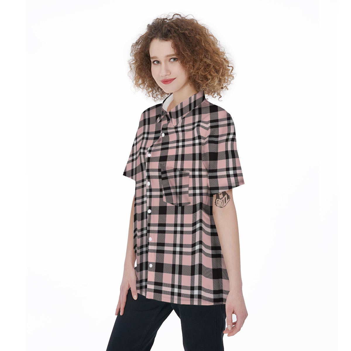 Pink Plaid Tartan Women's Short Sleeve Shirts-grizzshop