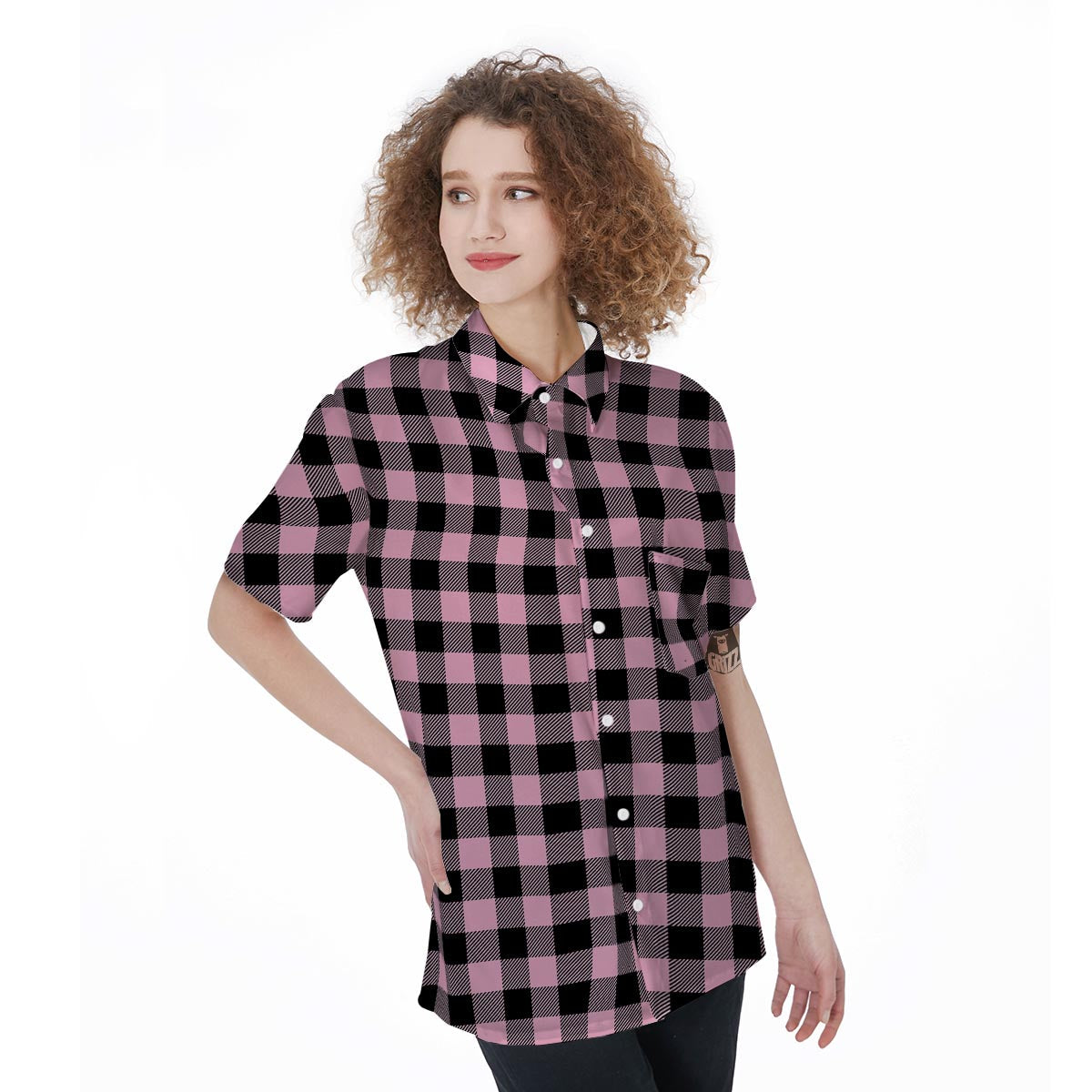 Pink Plaid Women's Short Sleeve Shirts-grizzshop