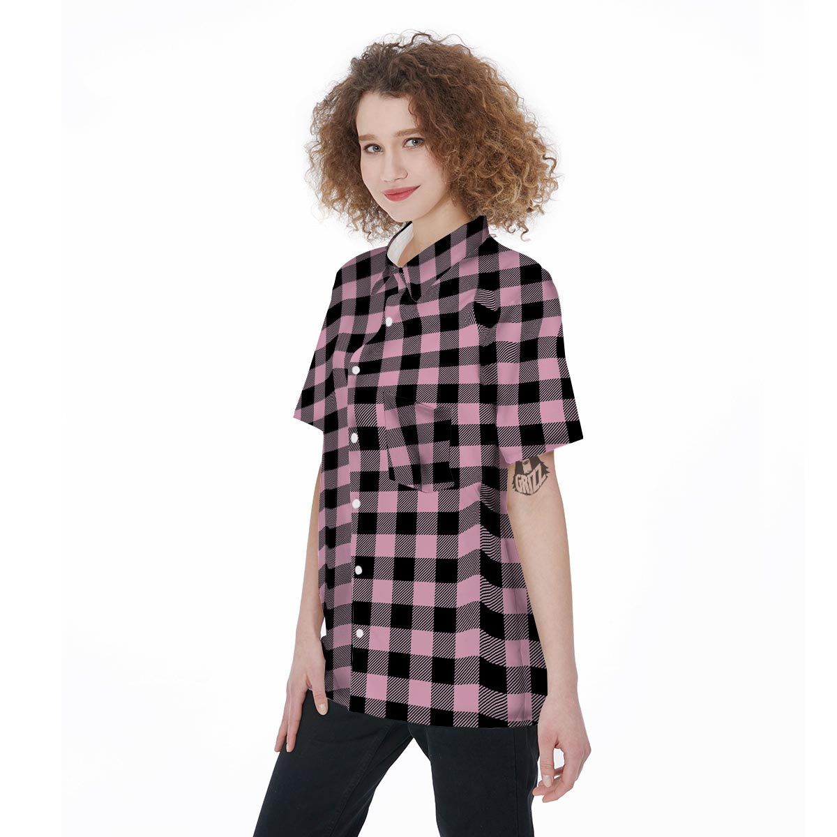 Pink Plaid Women's Short Sleeve Shirts-grizzshop