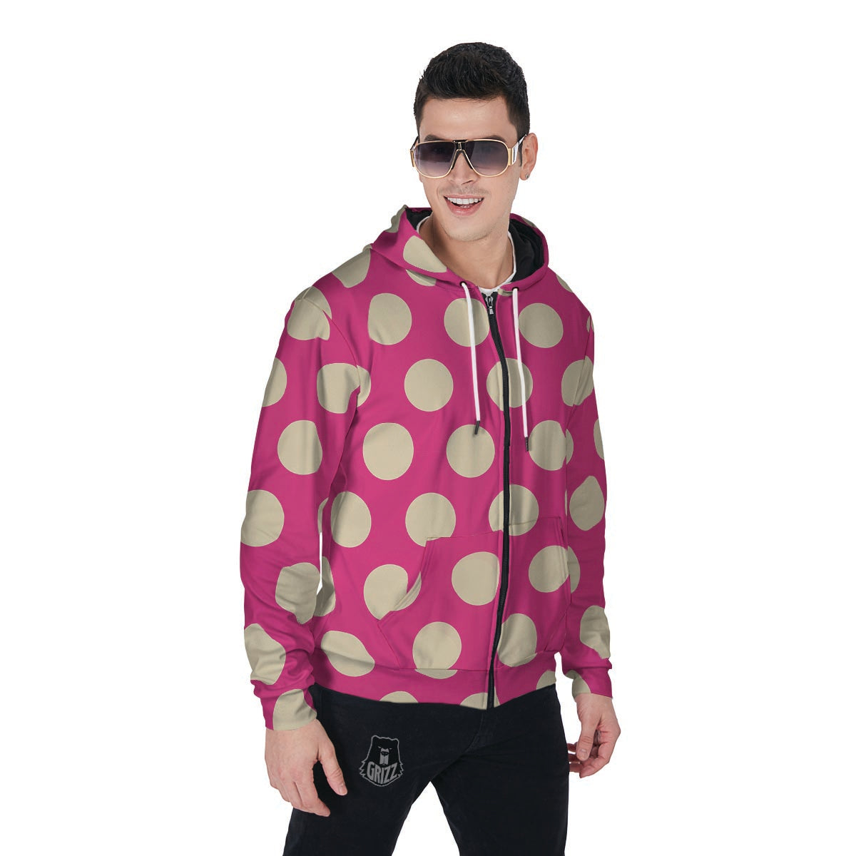 Pink Polka Dot Men's Zip Up Hoodie-grizzshop