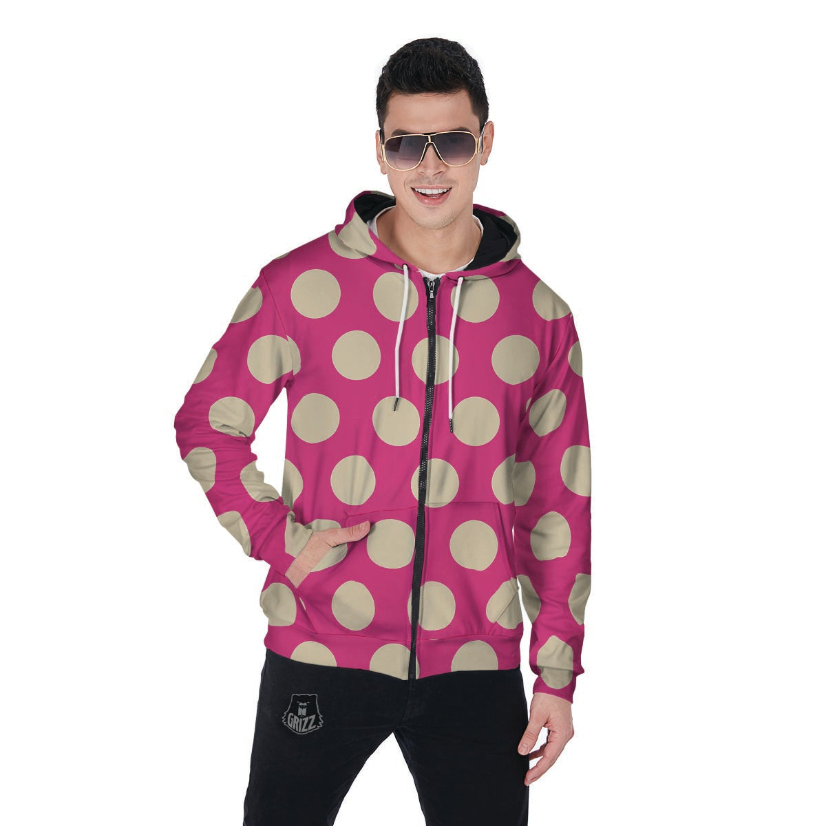 Pink Polka Dot Men's Zip Up Hoodie-grizzshop