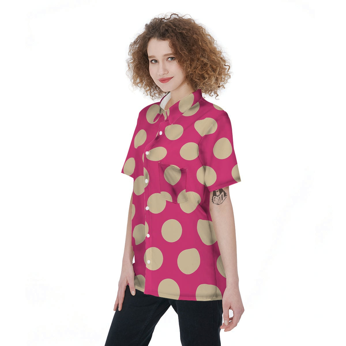 Pink Polka Dot Women's Short Sleeve Shirts-grizzshop