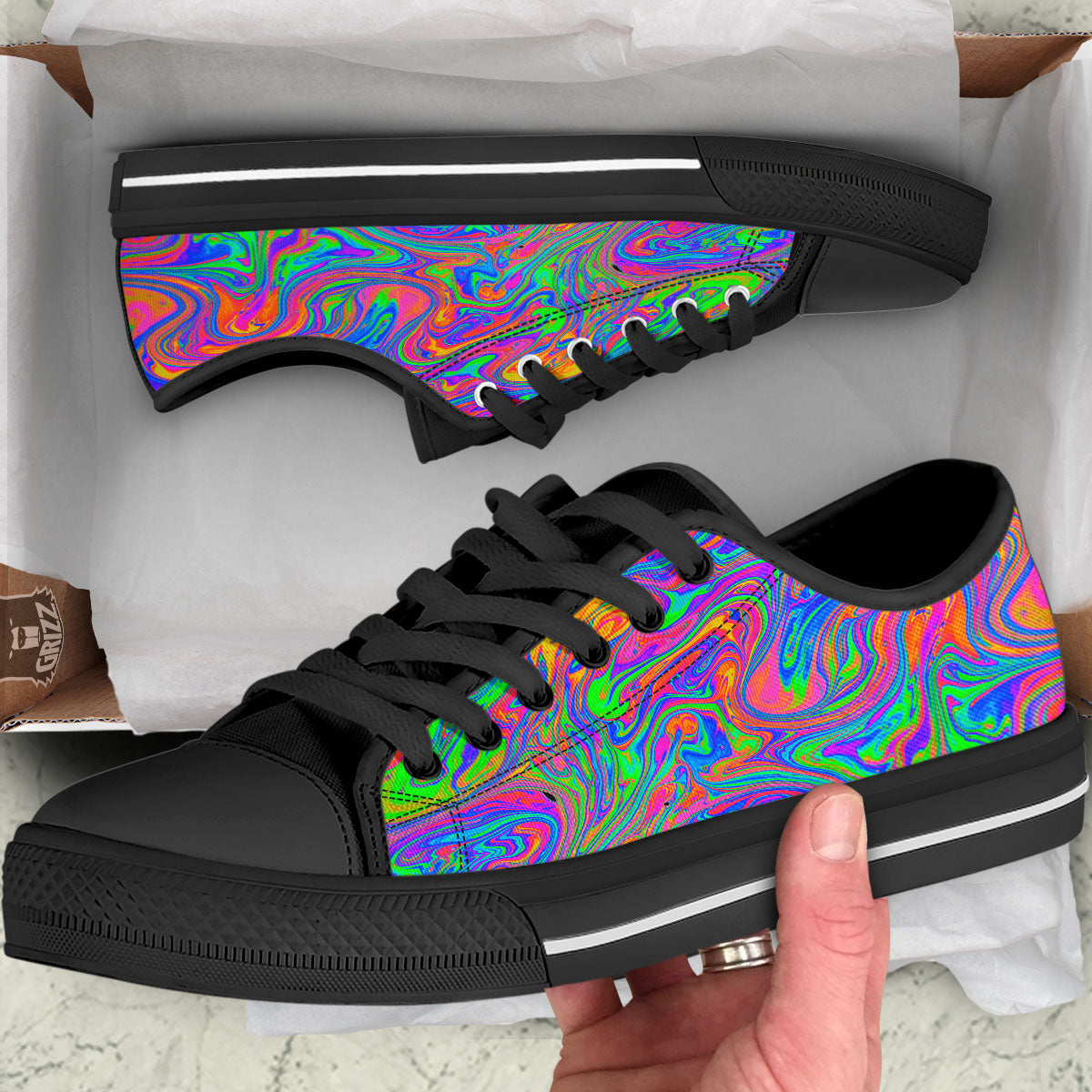 Pink Psychedelic Trippy Neon Green Print Black Low Top Shoes-grizzshop