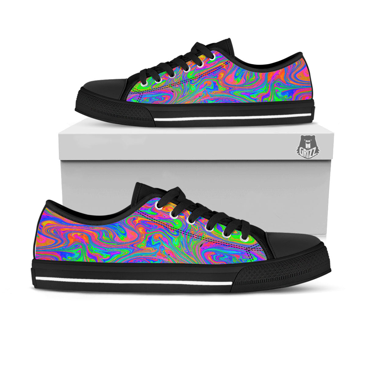 Pink Psychedelic Trippy Neon Green Print Black Low Top Shoes-grizzshop