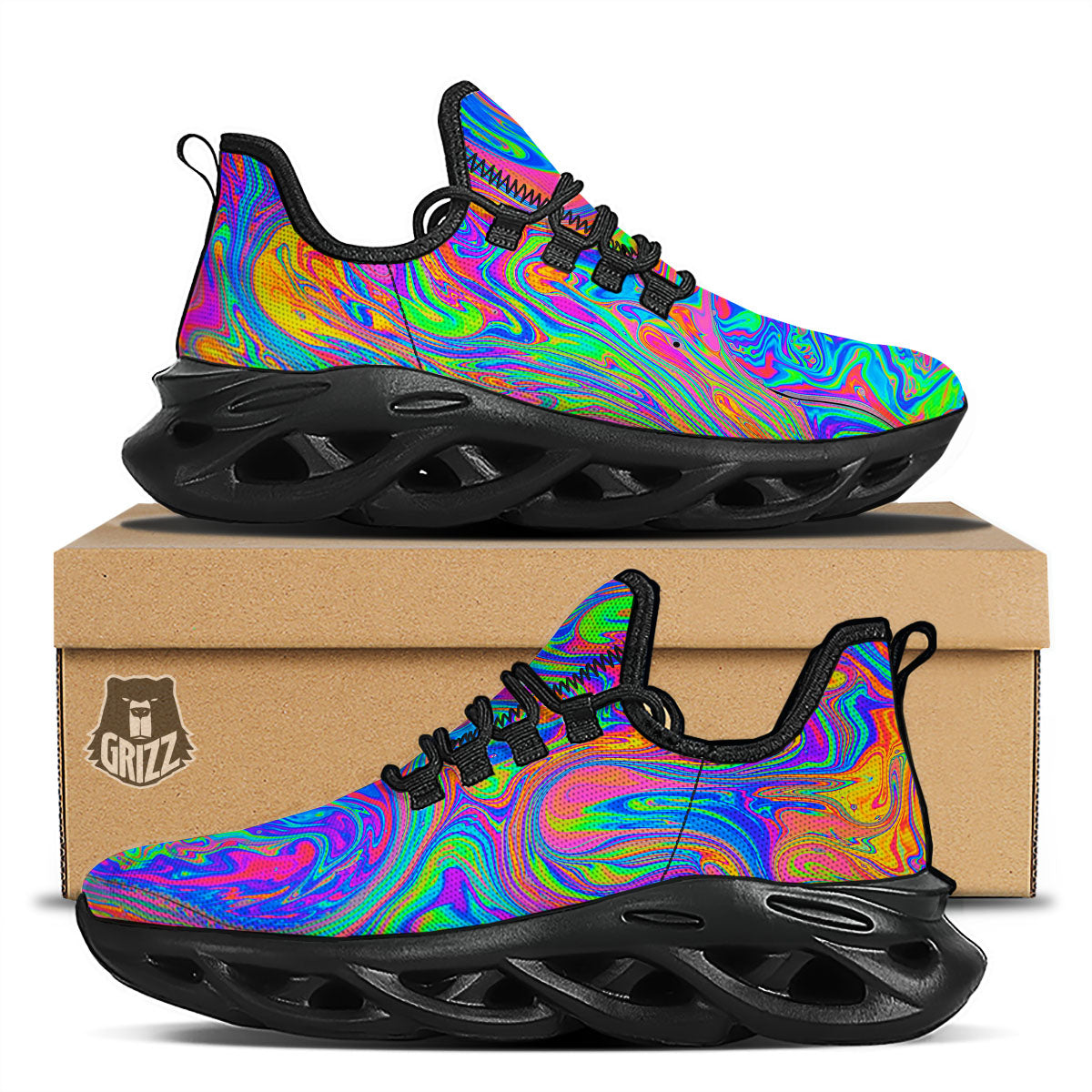 Pink Psychedelic Trippy Neon Green Print Black Running Shoes-grizzshop