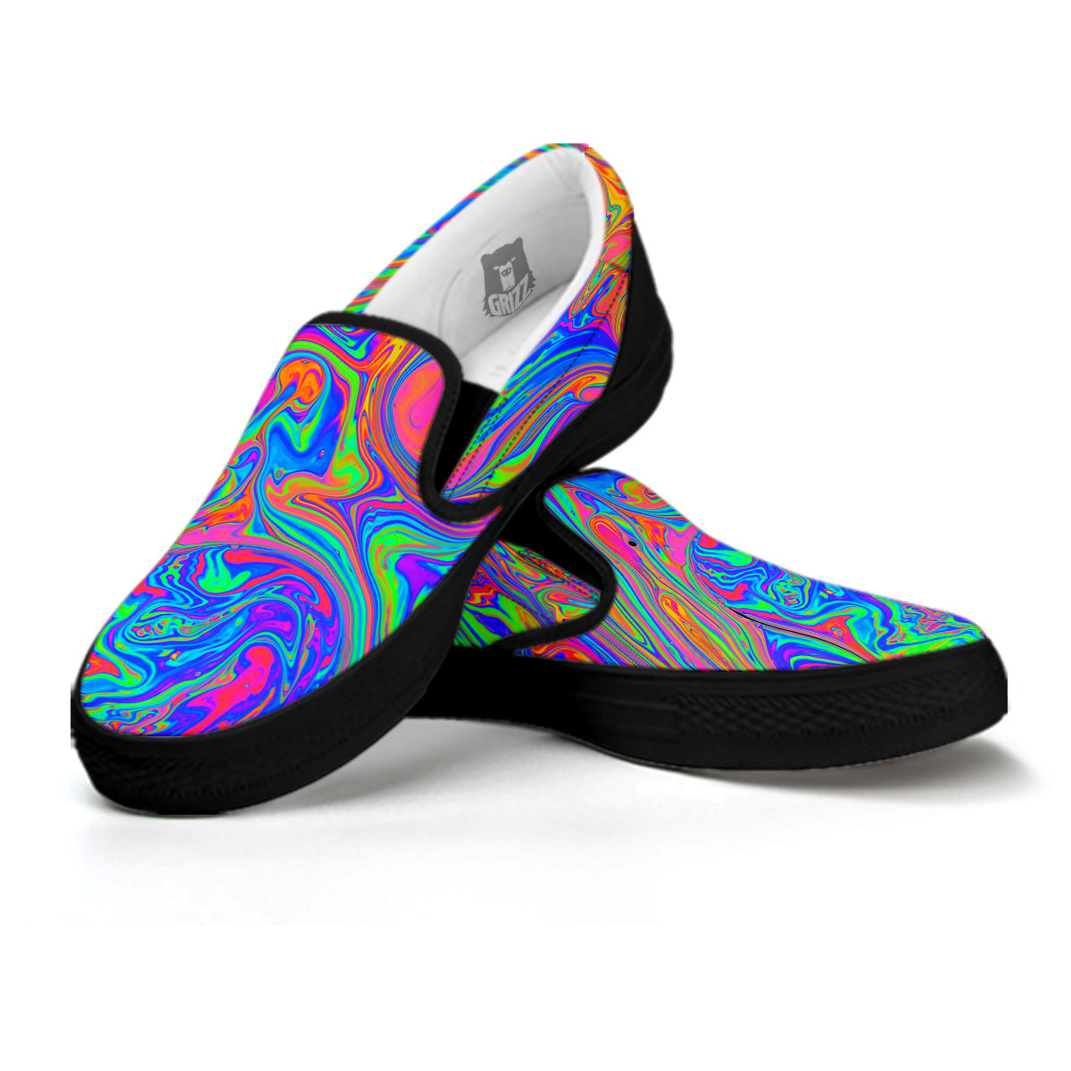 Pink Psychedelic Trippy Neon Green Print Black Slip On Shoes-grizzshop