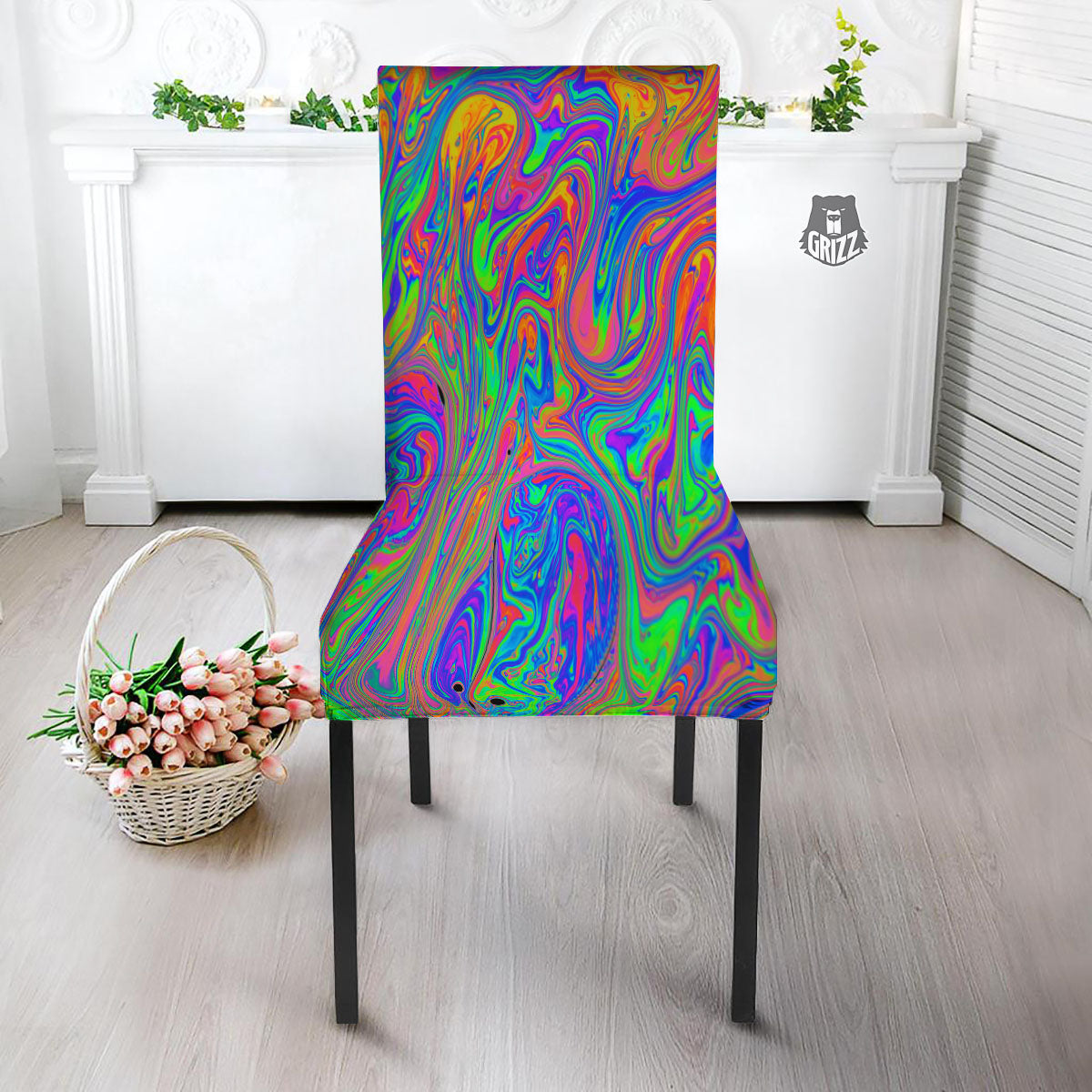 Pink Psychedelic Trippy Neon Green Print Dining Chair Slipcover-grizzshop