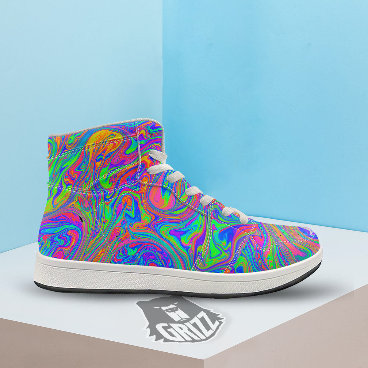 Pink Psychedelic Trippy Neon Green Print High Top Sneakers-grizzshop