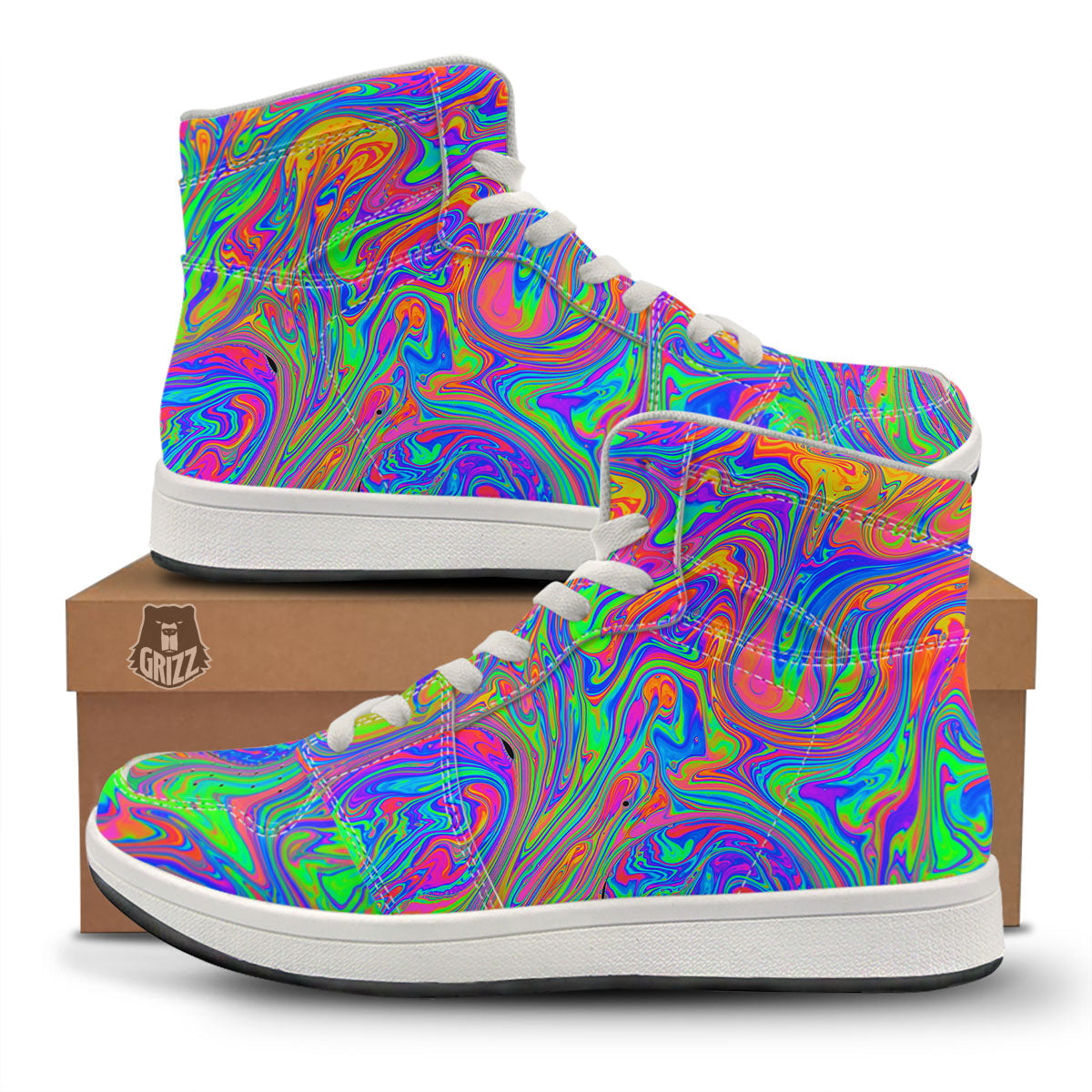 Pink Psychedelic Trippy Neon Green Print High Top Sneakers-grizzshop