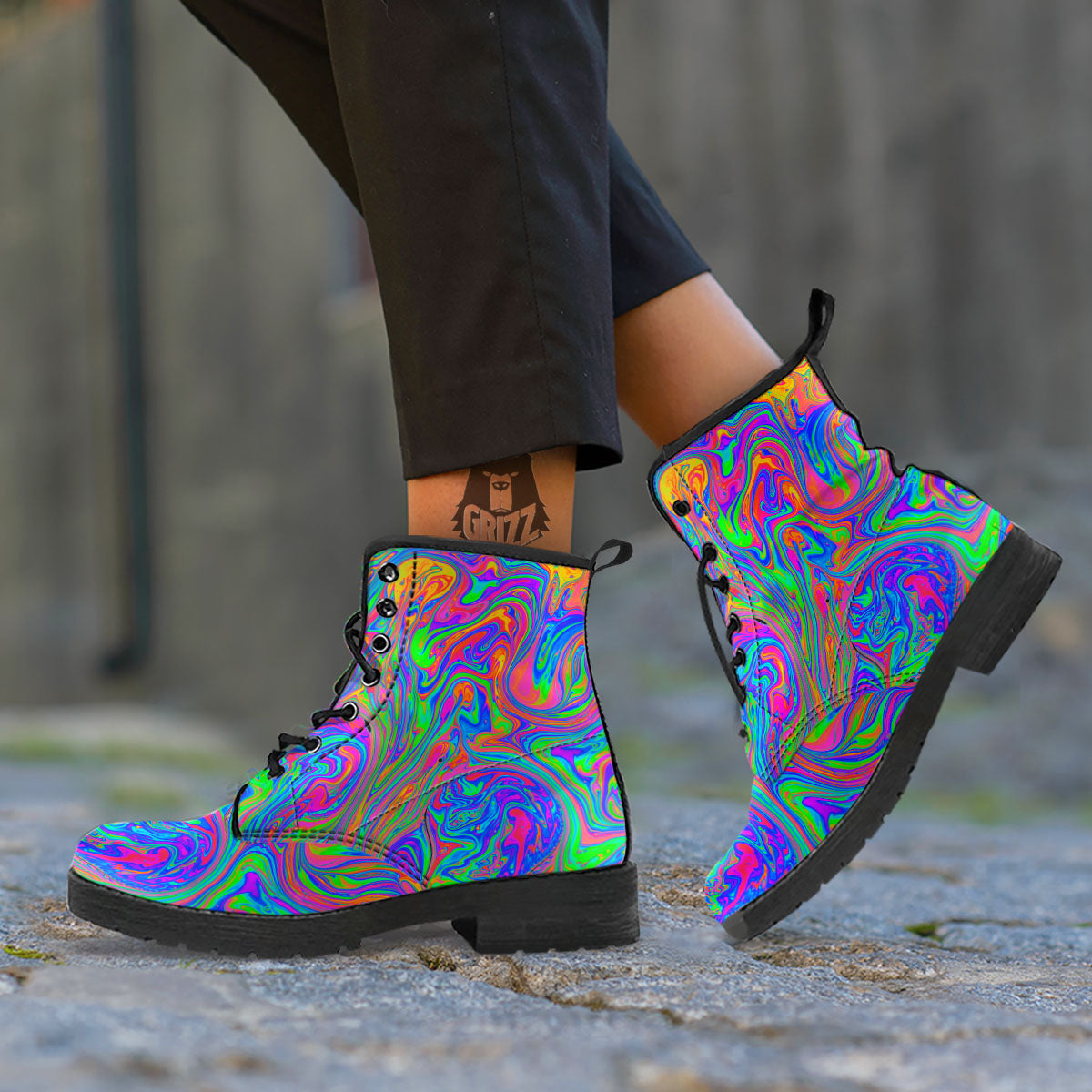 Pink Psychedelic Trippy Neon Green Print Leather Boots-grizzshop