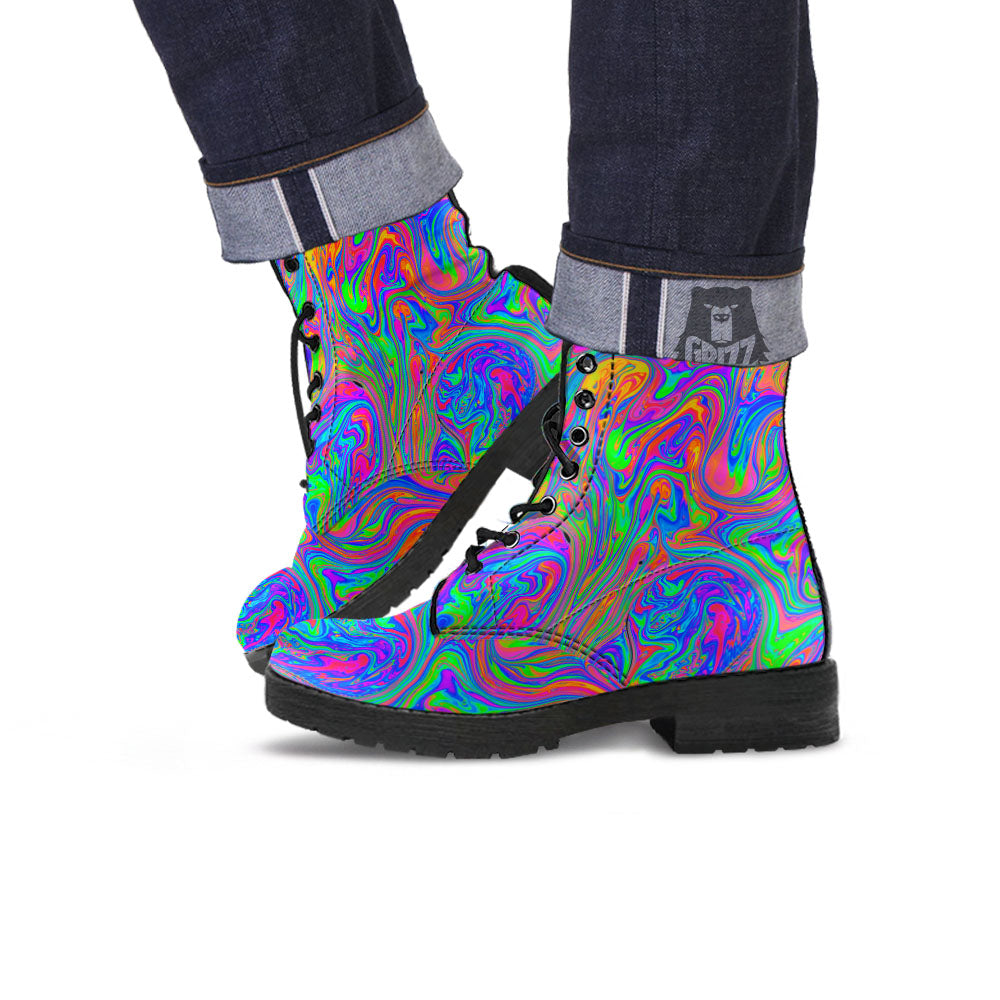 Pink Psychedelic Trippy Neon Green Print Leather Boots-grizzshop