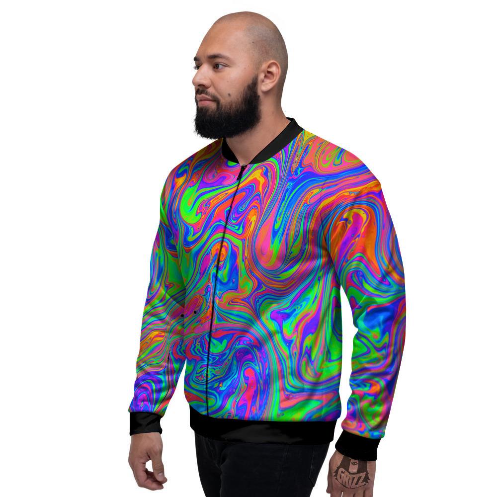 Pink Psychedelic Trippy Neon Green Print Men's Bomber Jacket-grizzshop