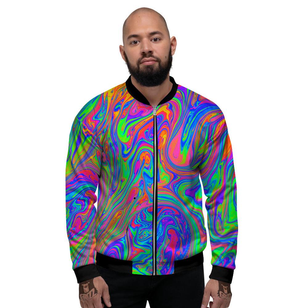 Pink Psychedelic Trippy Neon Green Print Men's Bomber Jacket-grizzshop